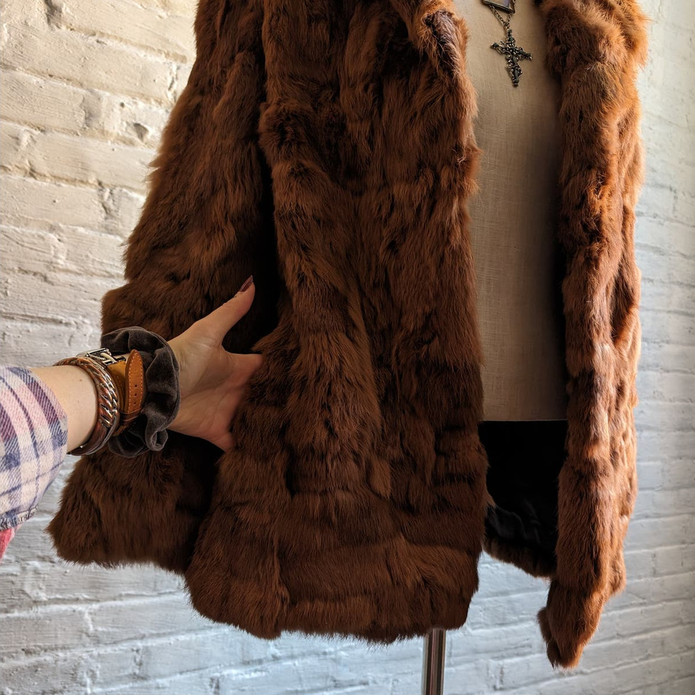 Vintage Mob Wife Rabbit Fur Coat Rusty Red Brown Penny Lane Shaggy Furry Jacket - Picture 7 of 11
